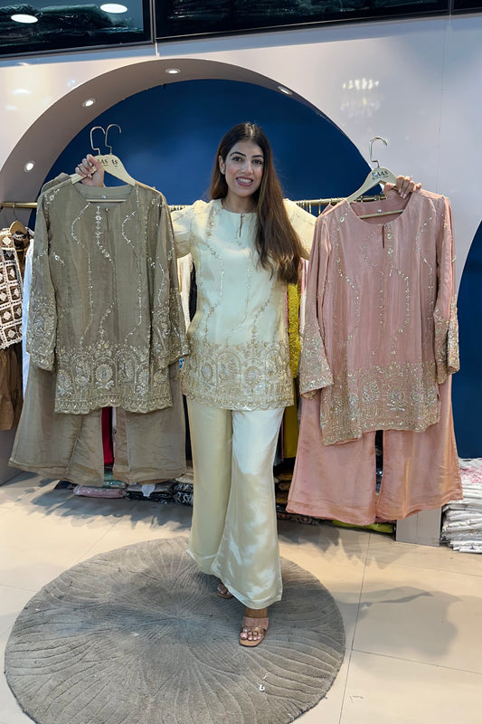 2pc Shimmer Tissue Partywear Co-ord Set Paired With Bell-Bottom Pants