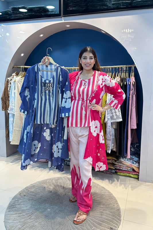 3pc Striped Co-ord Set With Printed Jacket