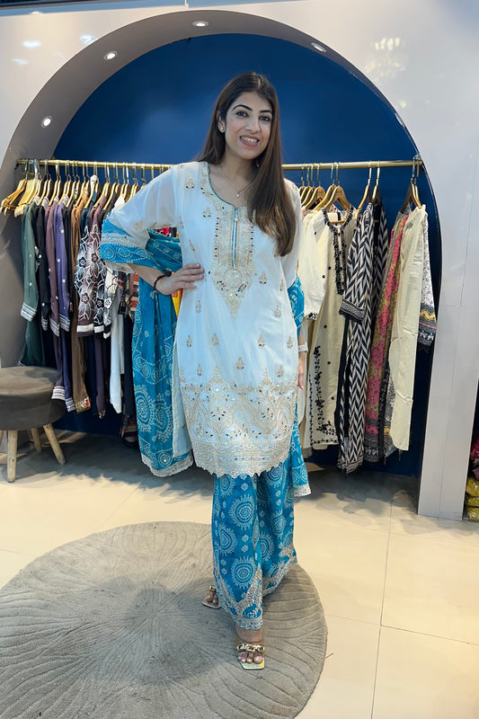 3pc Chinon Partywear Suit Paired With Bandhani Plazzo And Bandhani Dupatta