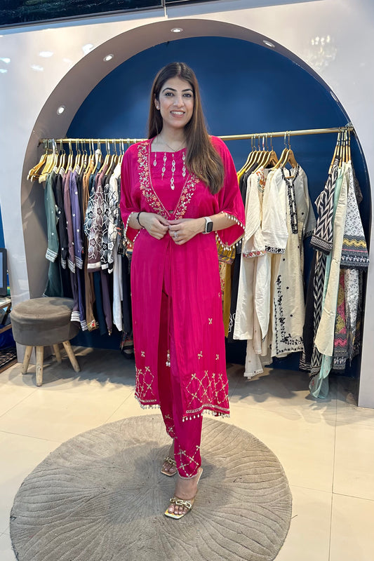 3pc A-line Crepe Partywear Set With Choli And Attached Cape