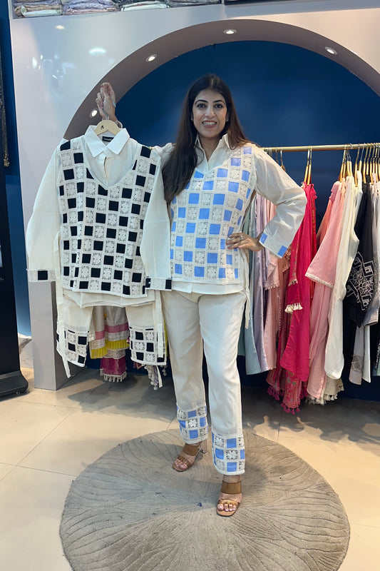 2pc Khadi Cotton Co-ord Set Paired With Vest Coat