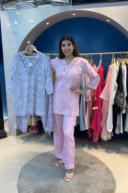 2pc Cotton Embroidered Co-ord Set Paired With Printed Plazzos