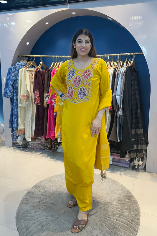 3pc Crepe Embroidered Suit Paired With Plazzo Pants And Organza Dupatta