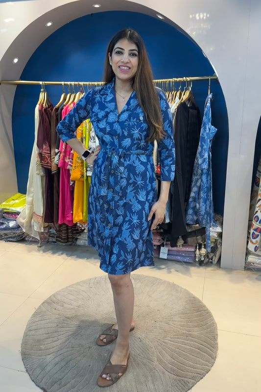 One Piece Cotton Denim Cargo Dress With Belt