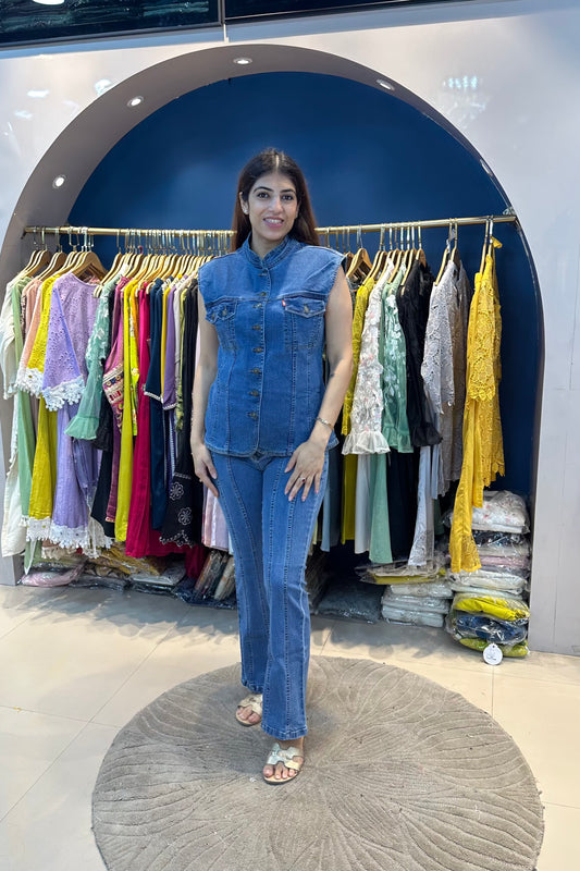 2pc Sleeveless Cargo Denim Stretchable Co-ord Set Paired with Bell-bottom Pants