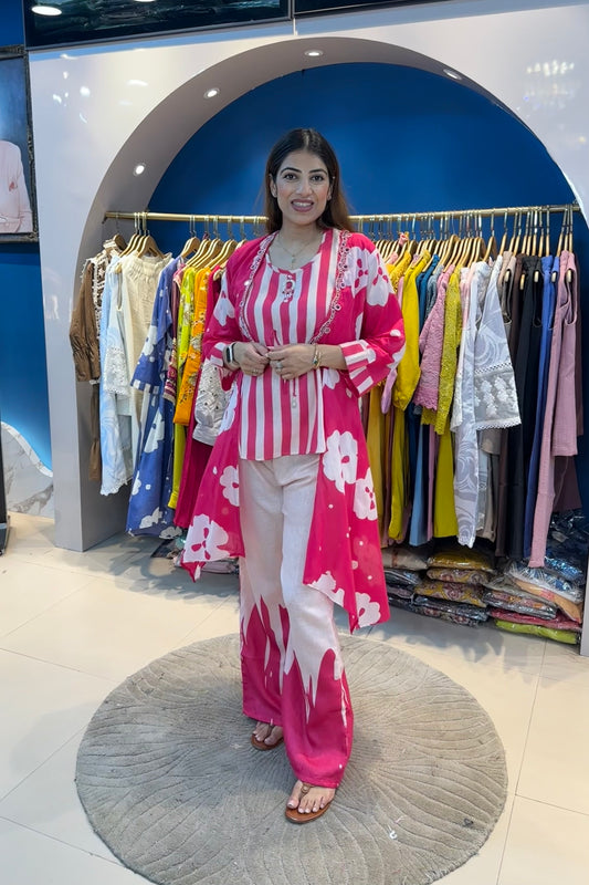 3pc Striped Co-ord Set With Printed Jacket