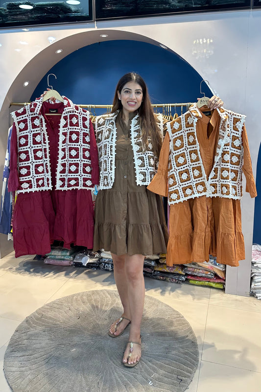 One-Piece Cotton Short Dress With Short Crochet Jacket