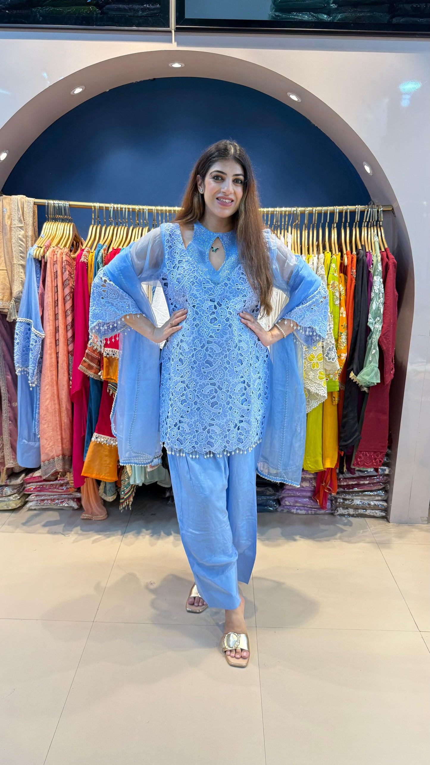Designer Organza Schiffli 3pc Farshi Salwar Suit with Organza Dupatta