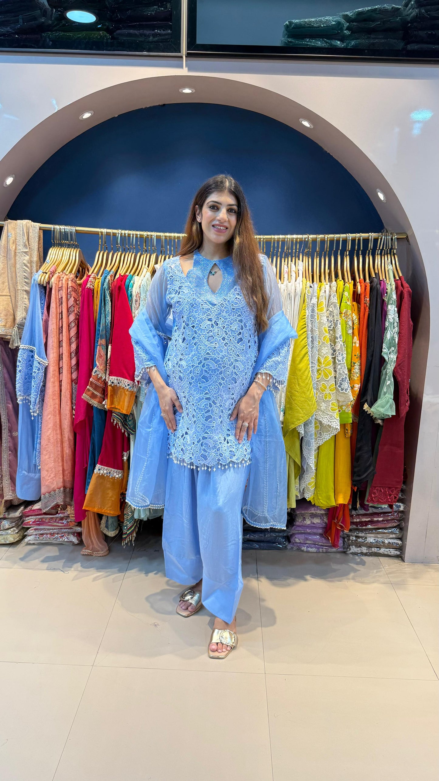 Designer Organza Schiffli 3pc Farshi Salwar Suit with Organza Dupatta