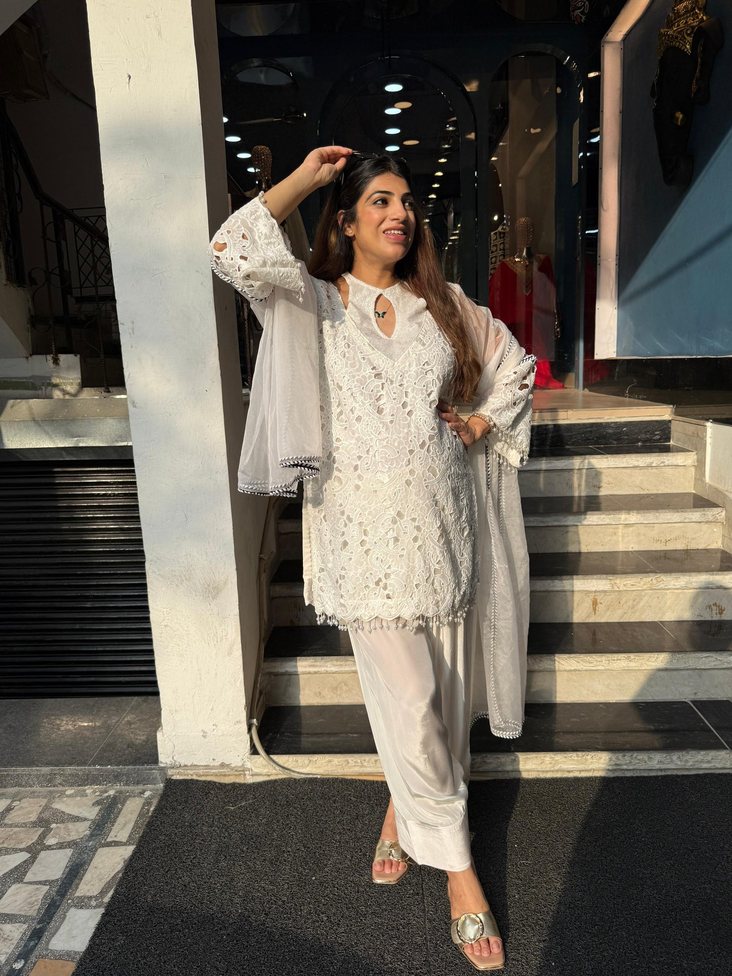 Designer Organza Schiffli 3pc Farshi Salwar Suit with Organza Dupatta