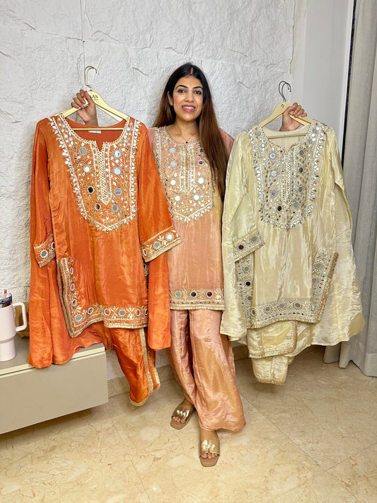 Simmar tissue partywear 3pc suit gota nd mirror work nd kali plazo