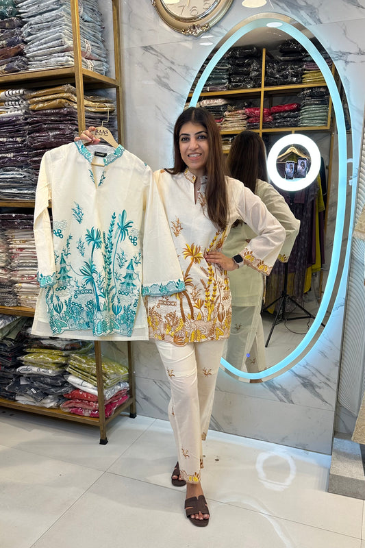 2pc Cotton-kora Co-ord Set Paired With Straight Fit Pants