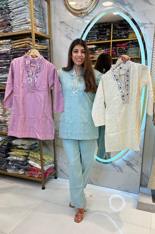 2pc Cotton-Muslin Co-ord Set Paired With Bell-bottom Pants