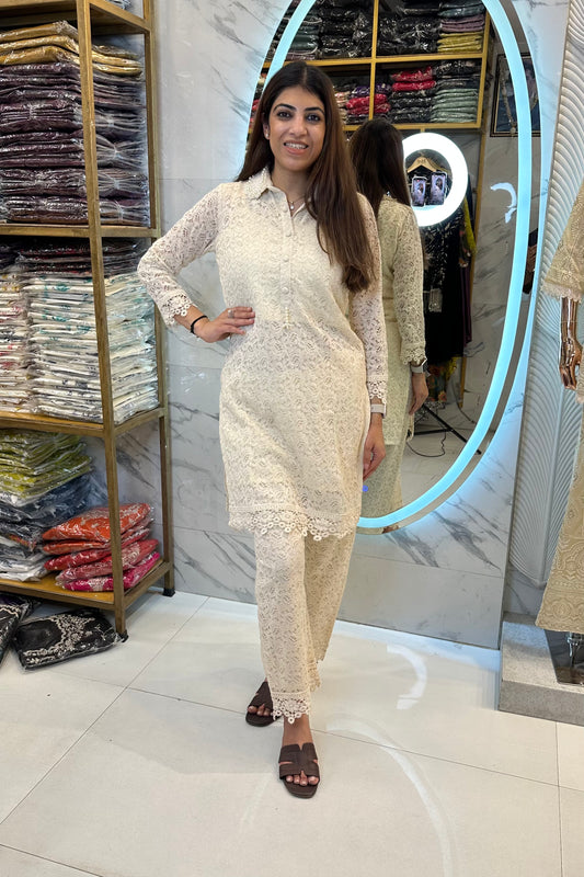 2pc Crochet Co-ord Set Paired With Bell-bottom Pants