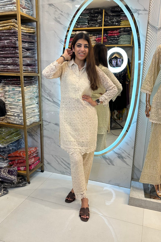2pc Crochet Co-ord Set Paired With Bell-bottom Pants