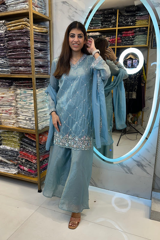 3pc Shimmer Tissue Partywear Suit Paired With Divider Plazzo