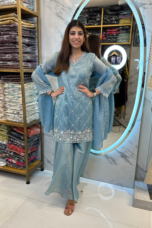 3pc Shimmer Tissue Partywear Suit Paired With Divider Plazzo