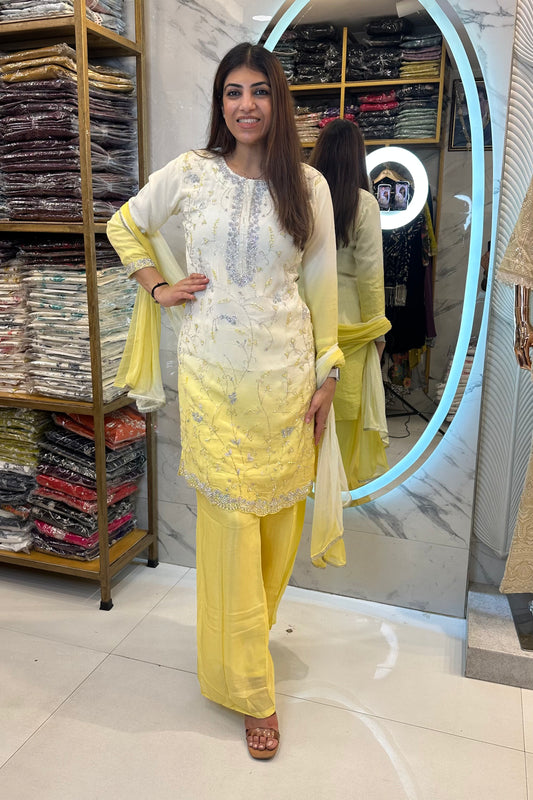 3pc Crepe Ombre Pakistani Suit Paired With Plazzo