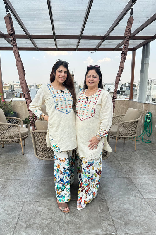 2pc Schiffli Cotton Co-ord Set Paired With Printed Plazzo