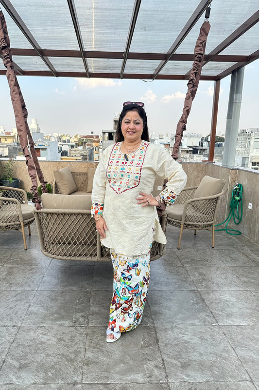 2pc Schiffli Cotton Co-ord Set Paired With Printed Plazzo