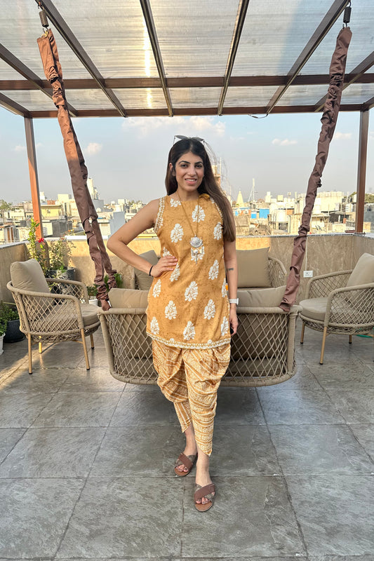 2pc Cotton-Muslin Sleeveless Co-ors Set Paired With Dhoti Pants