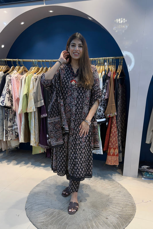 3pc Cotton A-line Printed Suit With Printed Dupatta