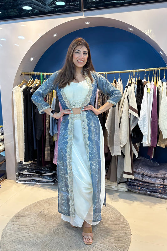 3pc Partywear Indo-western Paired With Drape Skirt