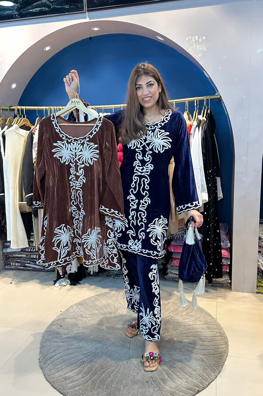 2pc Velvet Pakistani Co-ord Set With Potli