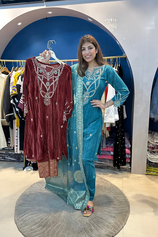 3pc Crushed Velvet Suit With Banarasi Dupatta