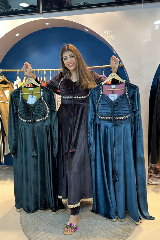 3pc Double-tonned Color Velvet Anarkali Suit