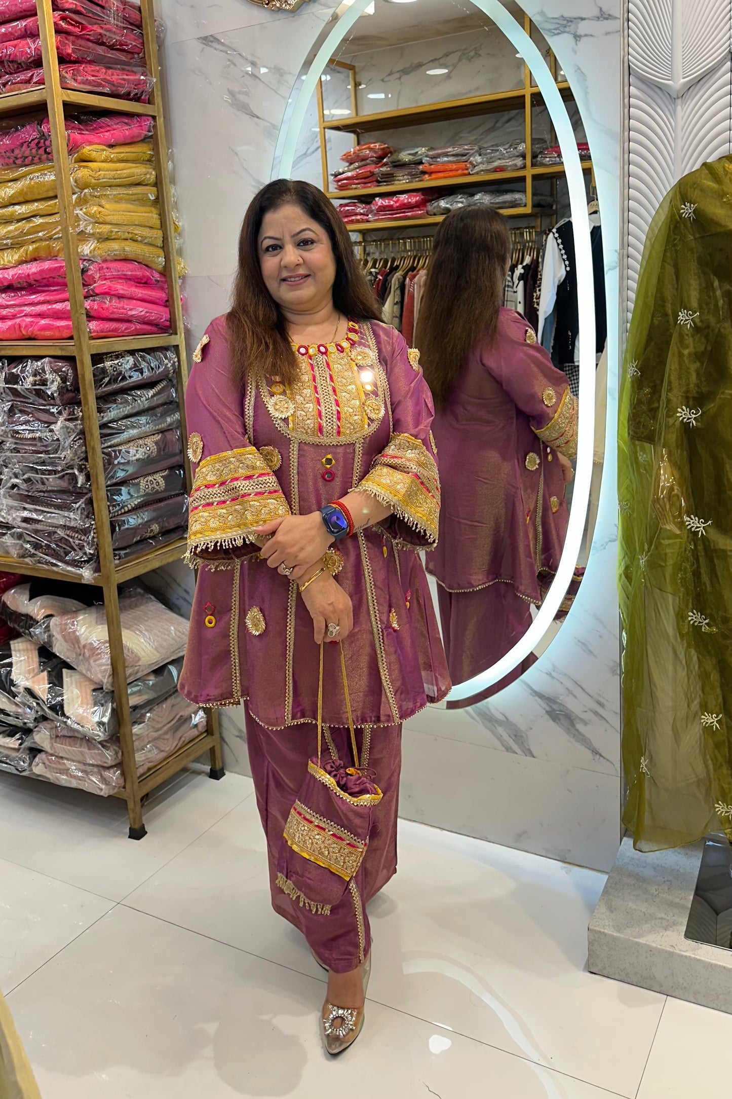 2pc Shimmer Tissue Fabric Partywear Co-ord Set With Potli