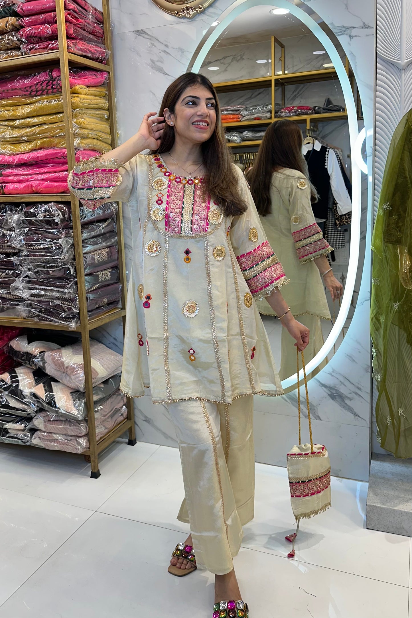 2pc Shimmer Tissue Fabric Partywear Co-ord Set With Potli