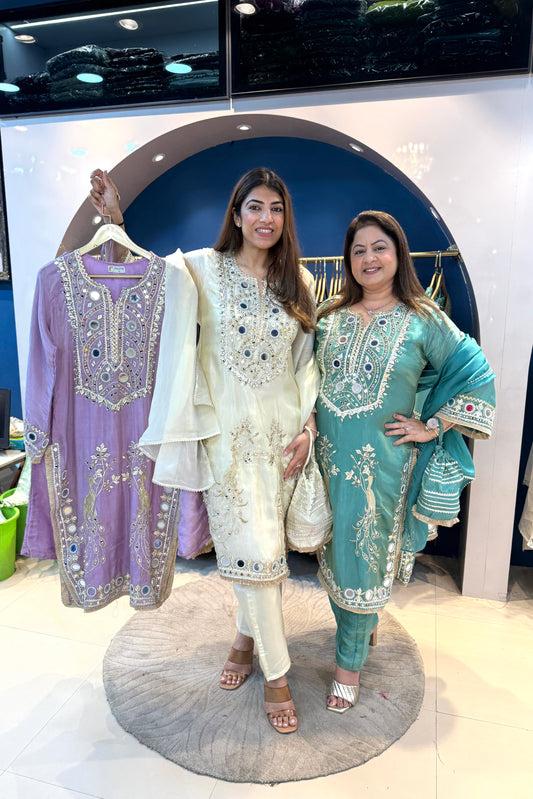 3pc Shimmer Tissue Partywear Pakistani Suit With Potli