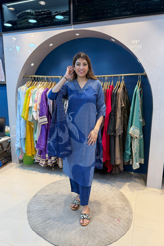 3pc Cotton Bandana Suit With Printed Dupatta