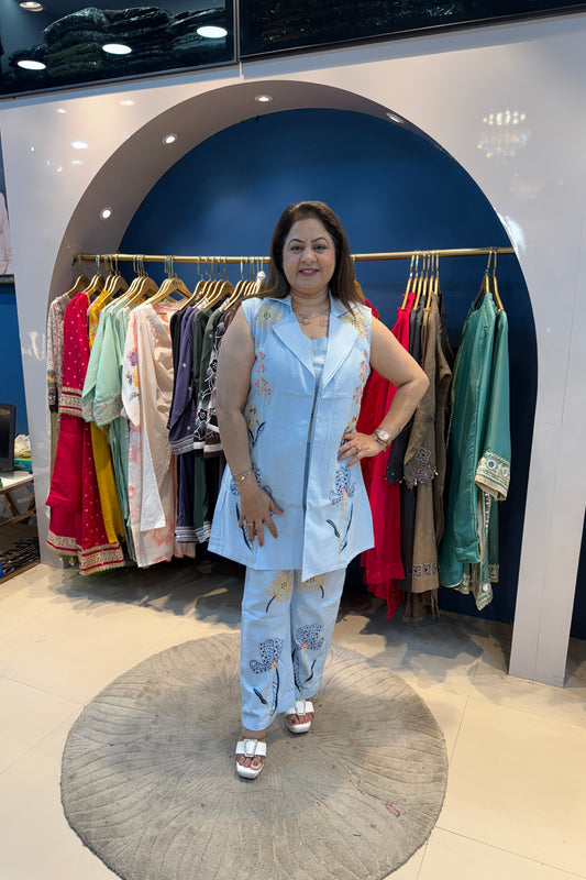 3pc Cotton Co-ord Set With Top And Sleeveless Jacket