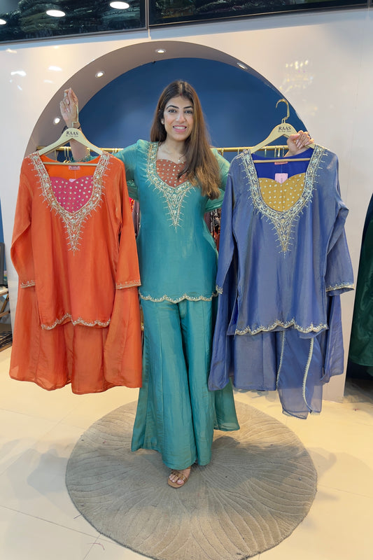 3pc Shimmer Tissue Partywear Suit With Organza Dupatta Paired With Divider Plazzo