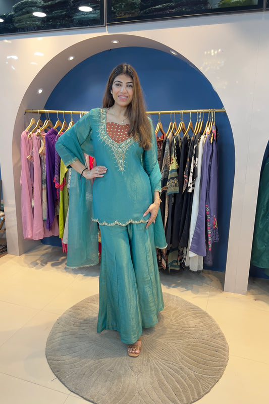 3pc Shimmer Tissue Partywear Suit With Organza Dupatta Paired With Divider Plazzo