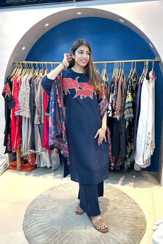 3pc Cotto-Muslin Suit With Printed Dupatta
