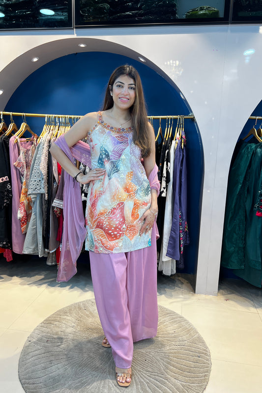 3pc Partywear Suit Set Paired With Divider Plazzo