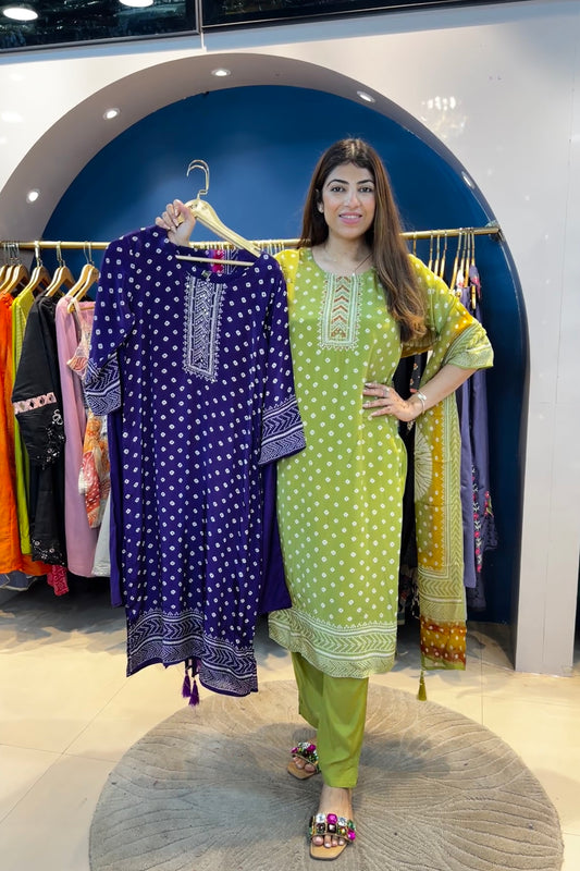 3pc Chinon Bandhani Suit With Printed Dupatta