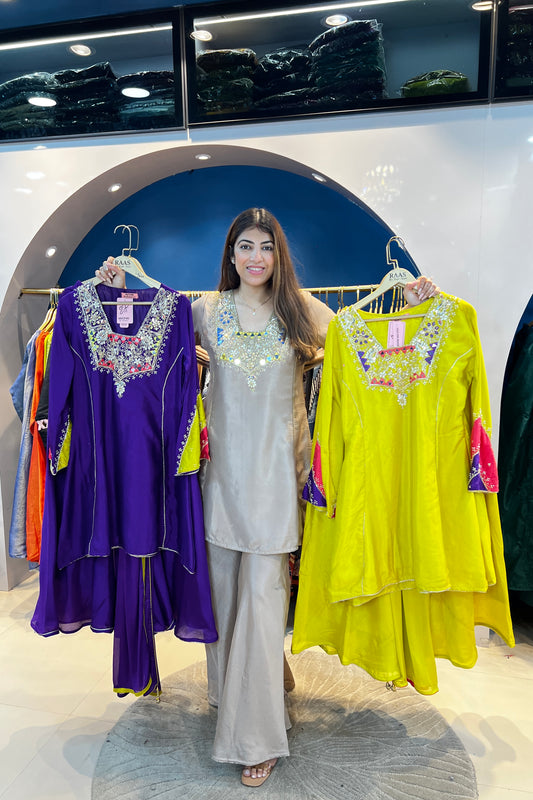 3pc Partywear Suit With Pakistani Sleeves Paired With Sharara
