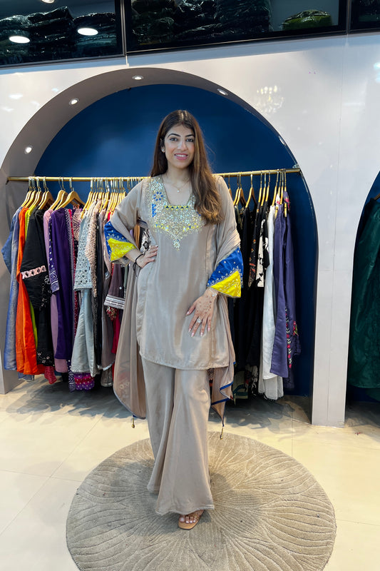 3pc Partywear Suit With Pakistani Sleeves Paired With Sharara