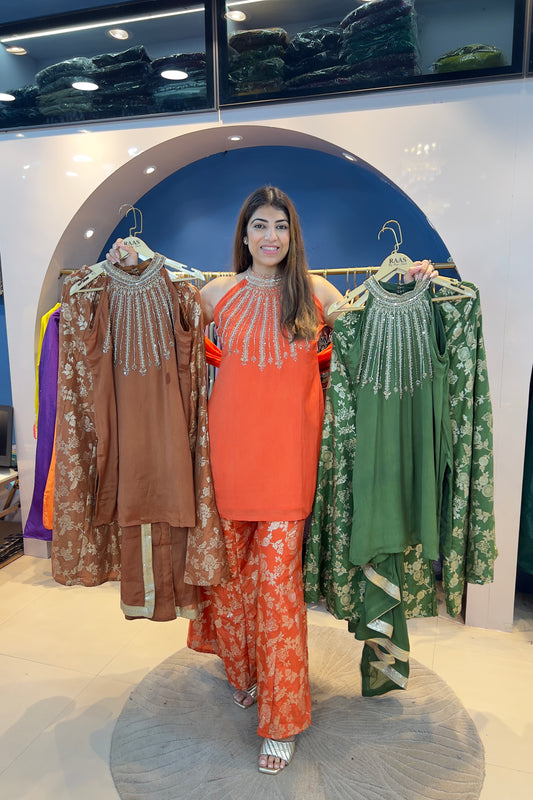 3pc Chinon Partywear Suit Paired With Brochet Sharara