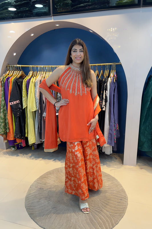 3pc Chinon Partywear Suit Paired With Brochet Sharara