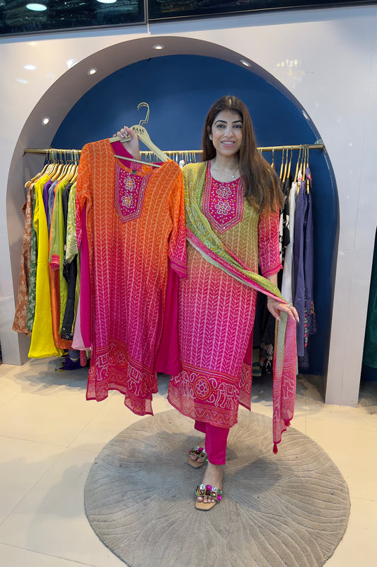 3pc Chinon Ombre Bandhani Suit With Printed Dupatta