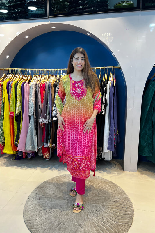 3pc Chinon Ombre Bandhani Suit With Printed Dupatta