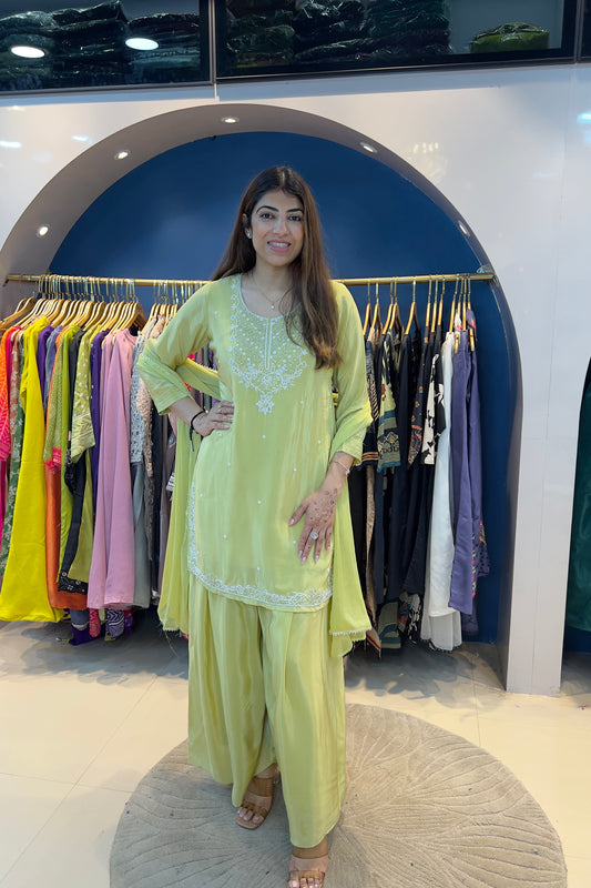 3pc Pure Crepe party wear Suit Paired With Divider Plazzo