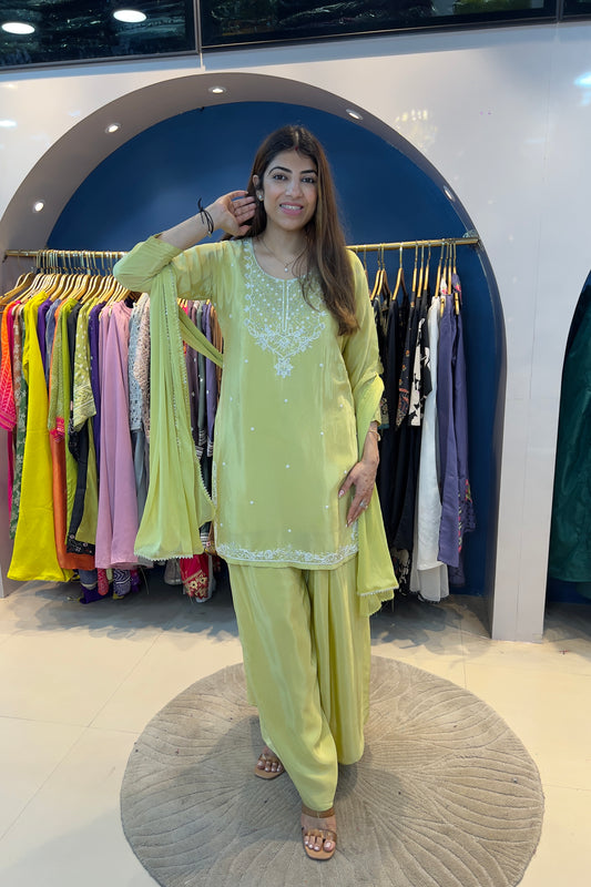 3pc Pure Crepe party wear Suit Paired With Divider Plazzo