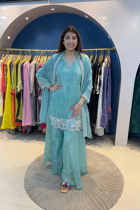 3pc Shimmer Tissue Partywear Suit Paired With Divider Plazzo