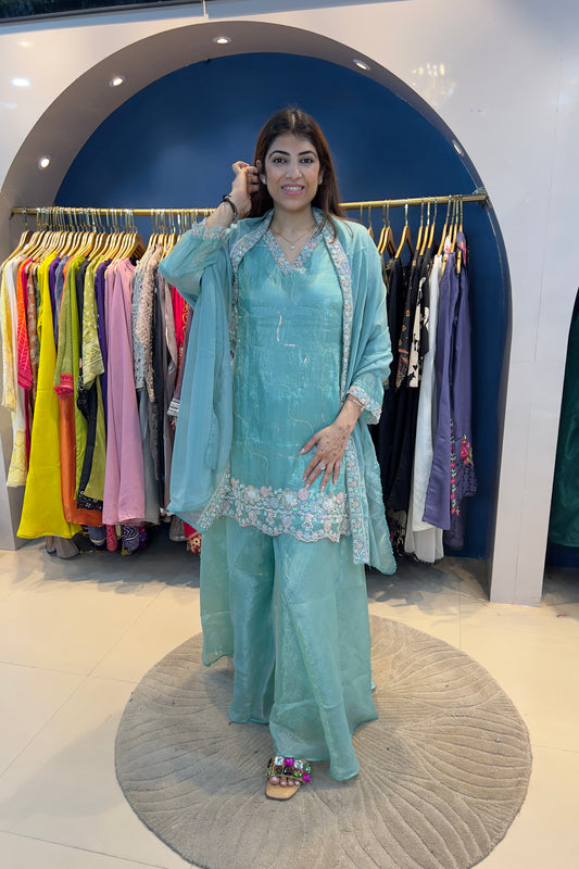 3pc Shimmer Tissue Partywear Suit Paired With Divider Plazzo